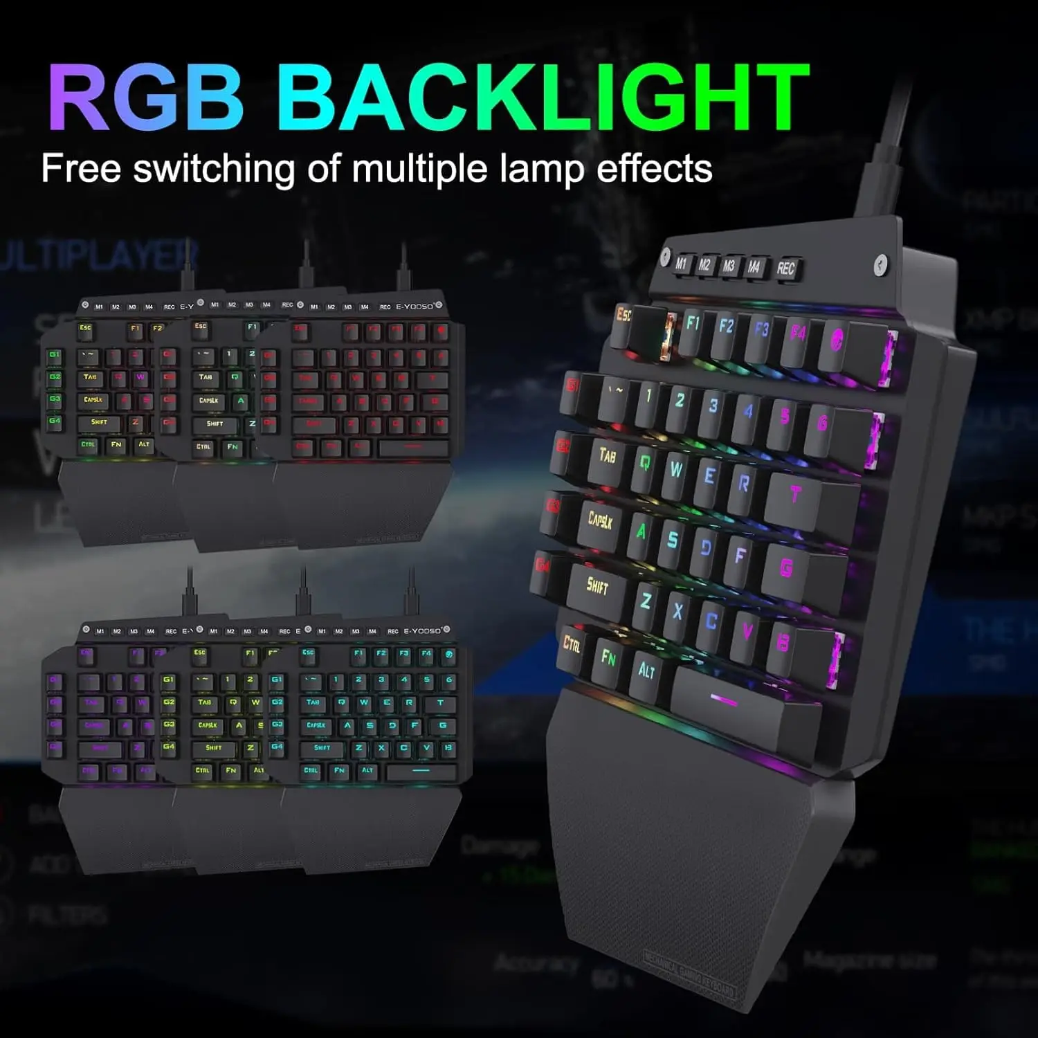 HUO JI لوحة مفاتيح ميكانيكية للألعاب بيد واحدة سلكية، إضاءة خلفية Led RGB، مسند معصم قابل للفصل، كابل من النوع C قابل للفصل، لوحة معدنية،