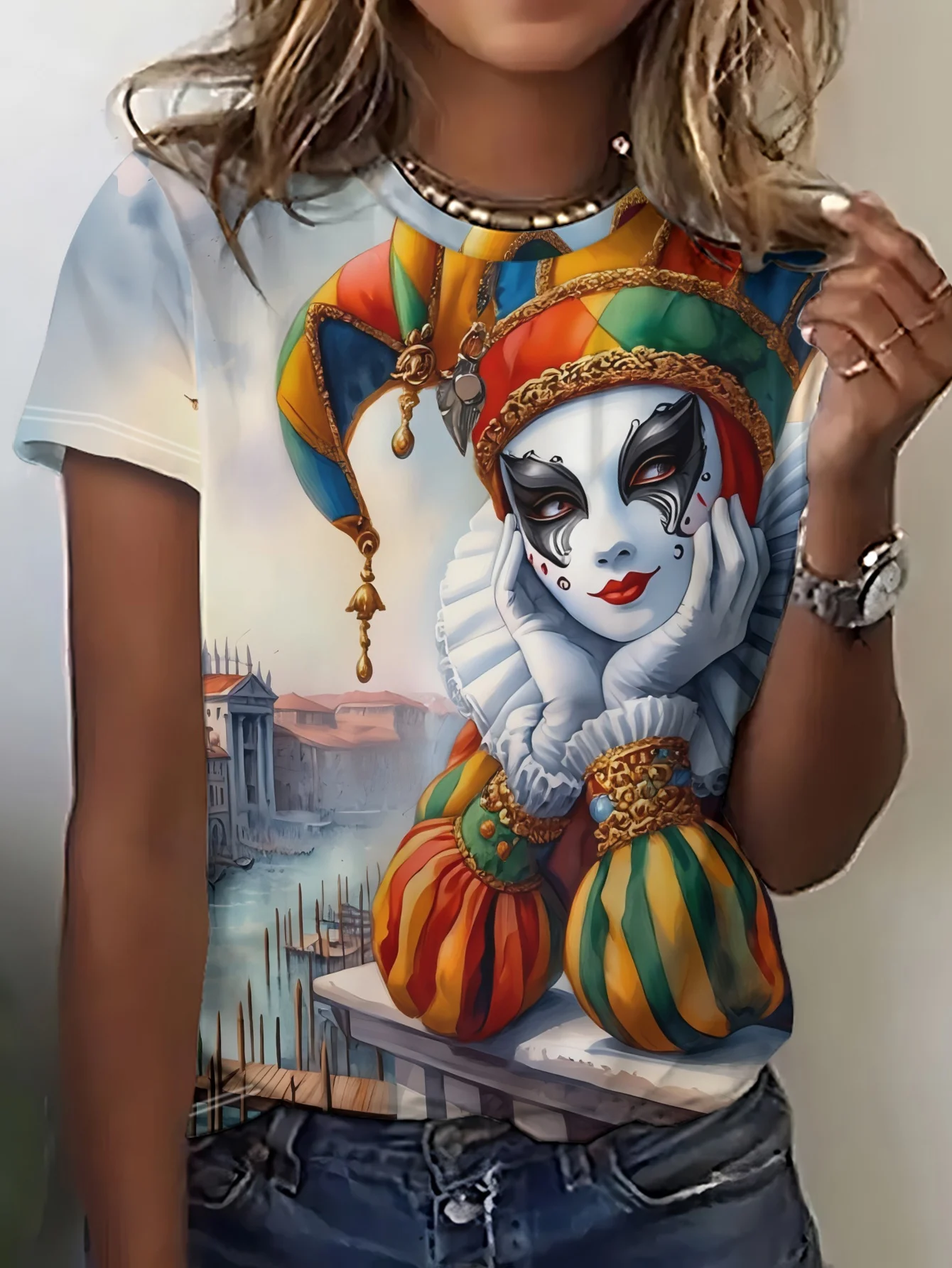Women Crew Neck Short Sleeve T‑Shirt, Venetian Carnival Jester Mask Venice Cityscape Graphic Casual Summer Tee