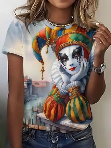 Women Crew Neck Short Sleeve T‑Shirt, Venetian Carnival Jester Mask Venice Cityscape Graphic Casual Summer Tee