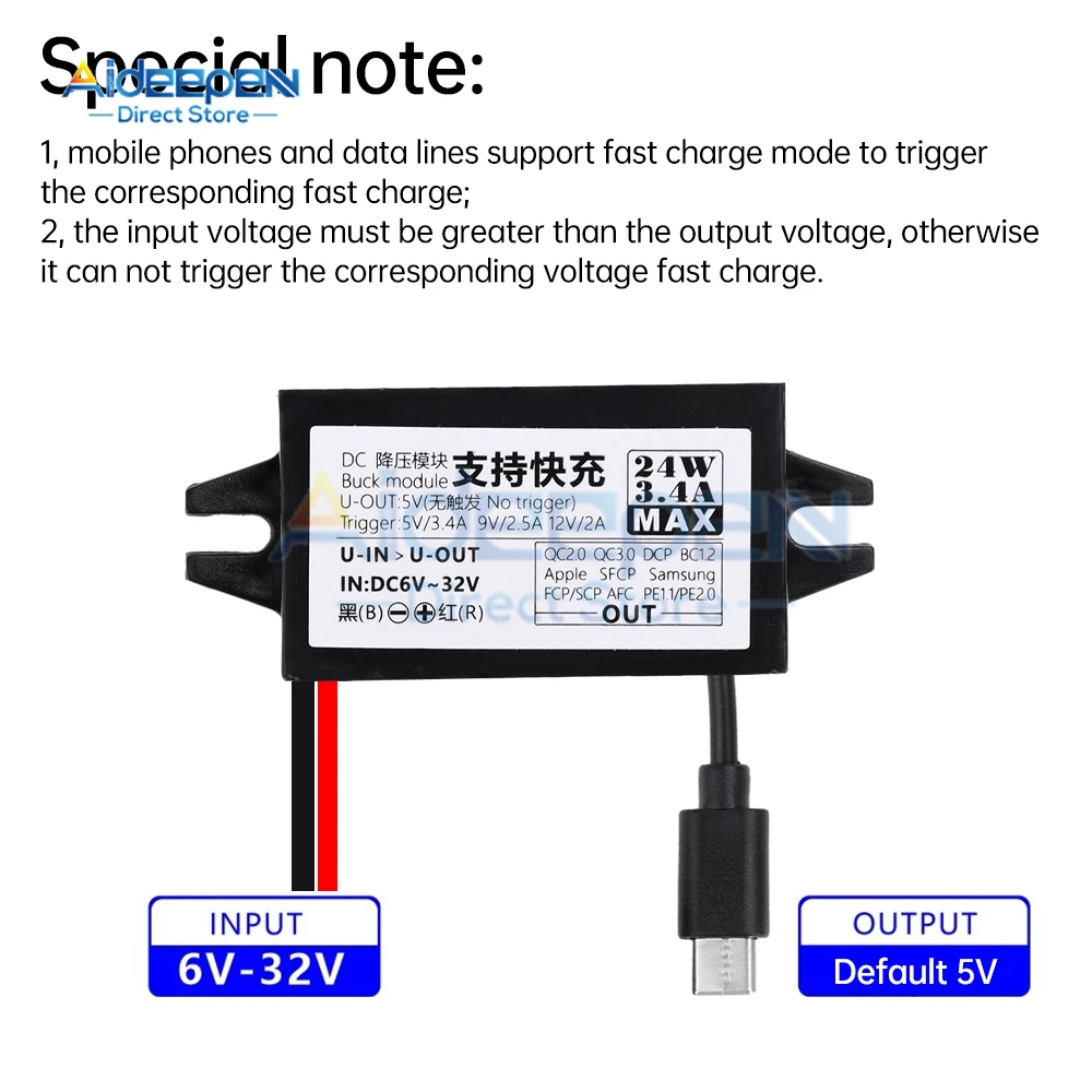 Waterproof DC-DC 6-30V to 5V 9V 12V 24W Car Power Converter Type-C USB Step Down Voltage Power Supply Output Adapter QC2.0/3.0