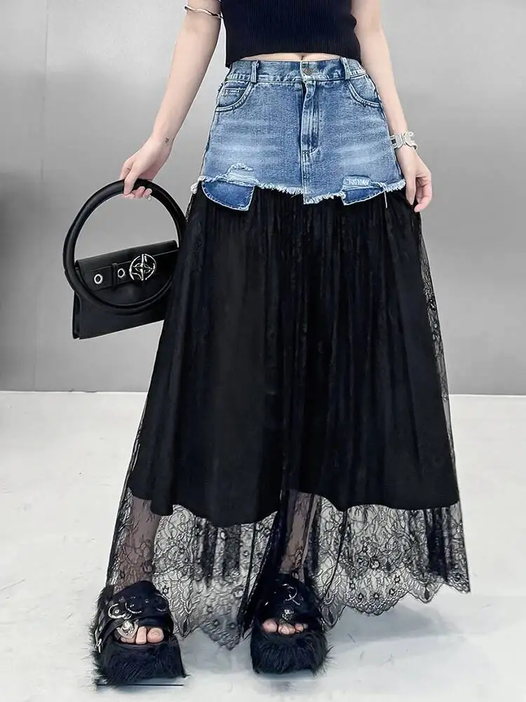 

High Elastic Waist White Lace Denim Spliced A-line Half-body Skirt Women Fashion Tide New Spring Autumn