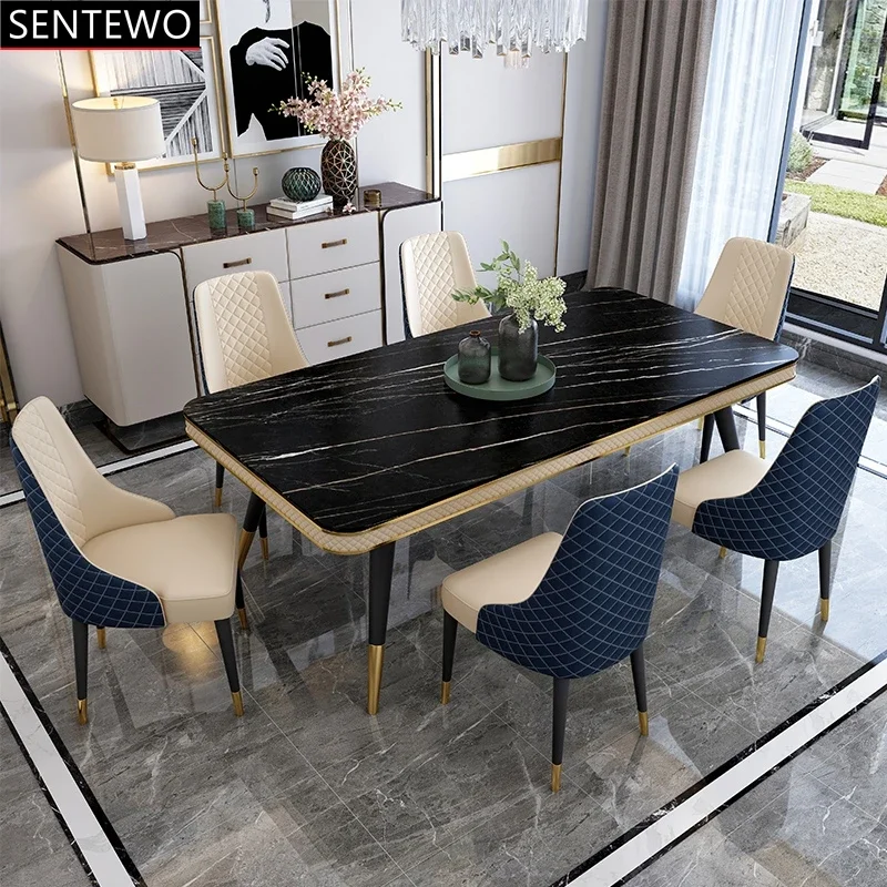 

SENTEWO Ltalian Luxury Marble Kitchen Dining Table With 6 Chairs Set Stainless Steel Golden Frame Furniture Cadeiras De Jantar