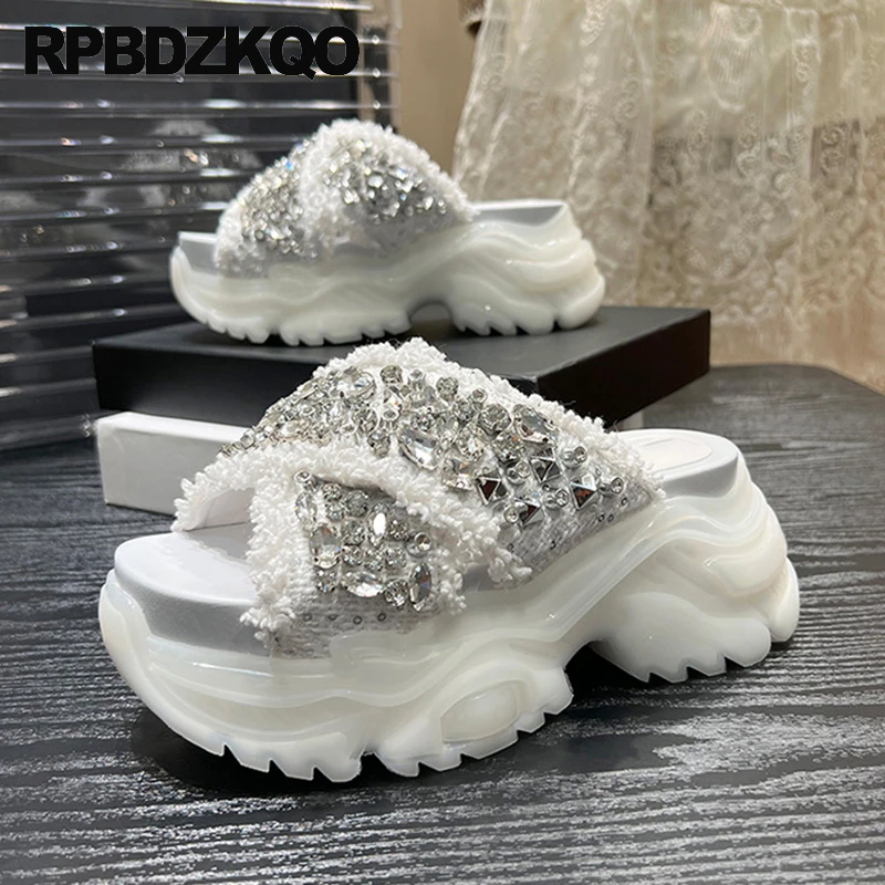 

Open Toe High Heels Sandals Thick Wedges Flatforms Slippers Creepers Muffin Diamond Crystal Jewel Shoes Tweed Women Rhinestone