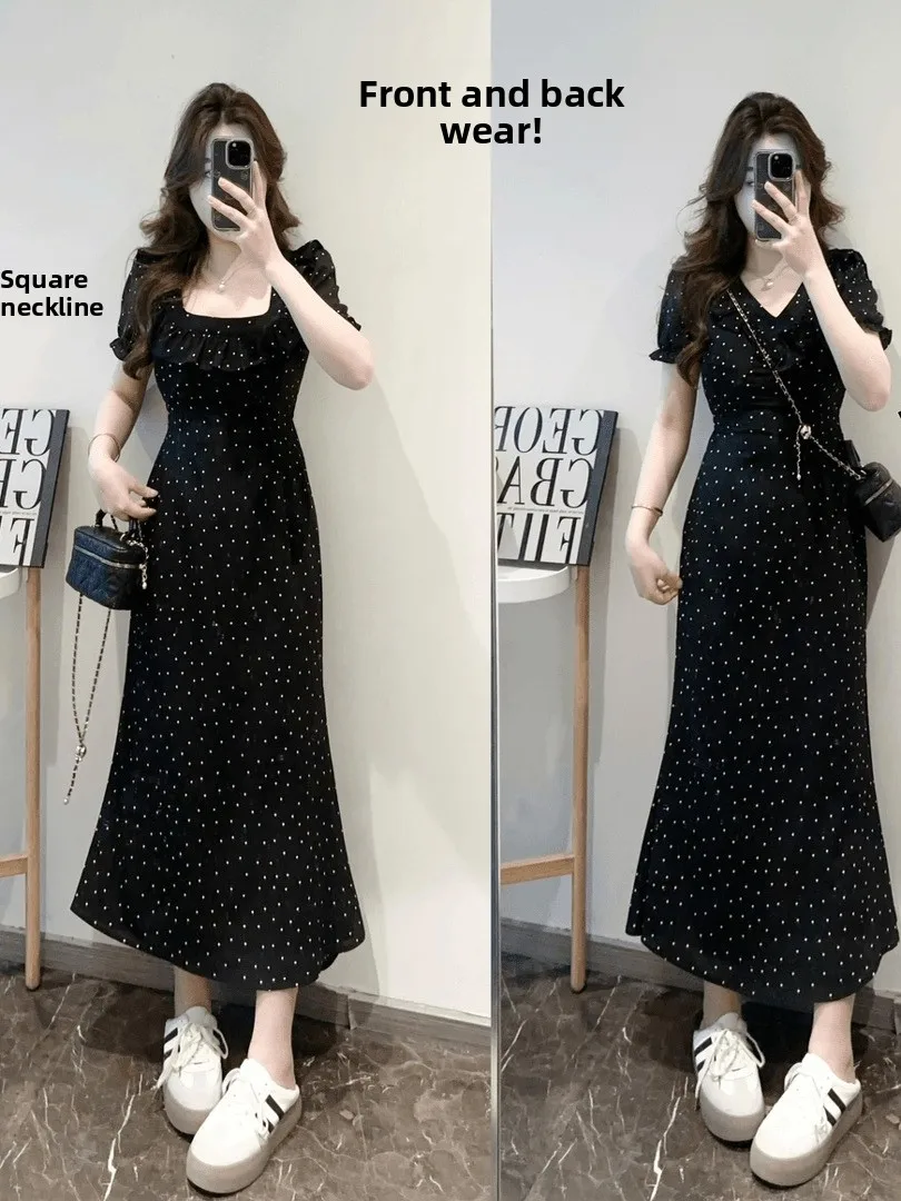

plus Size Polka Dot Dress Square Collar Slimming Waist Design Summer New Style Two-Way Wear Long Dress Korean Style Commute