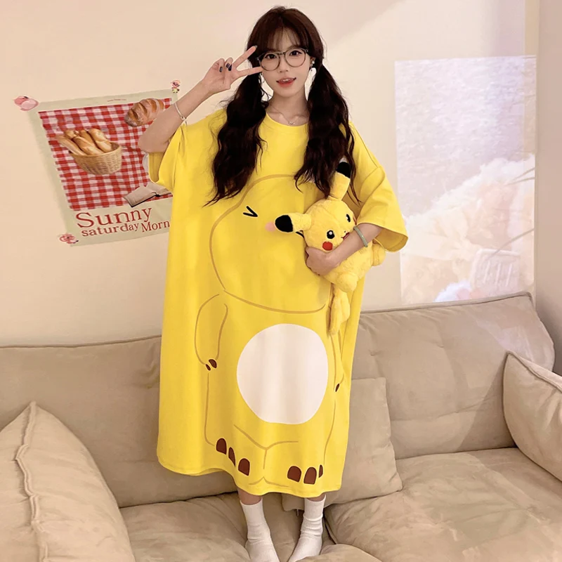 

Summer Funny Women Sleepwear Cartoon Nightgown Korean Loose Short - Sleeve Sleep Dress Kawaii Dragon Pajamas Soft Night Dress