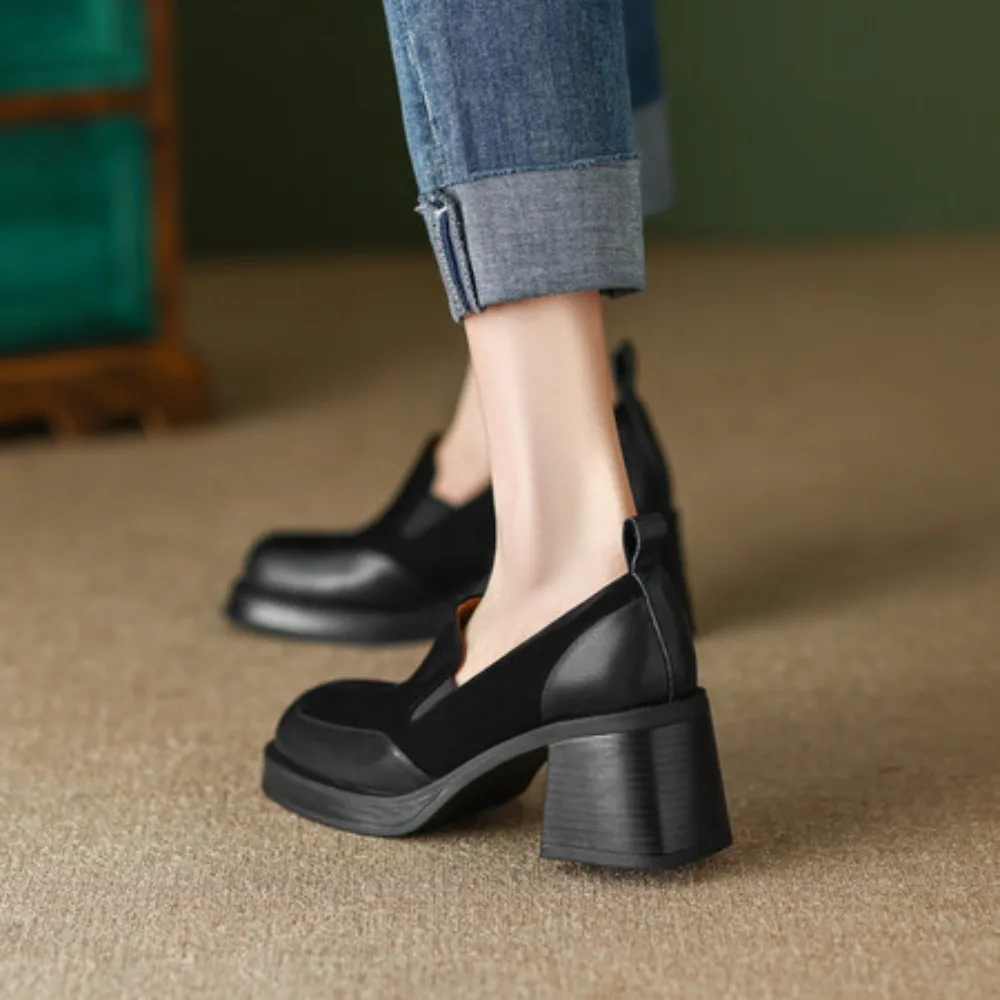 

Женские замшевые туфли на высоком квадратном каблуке 2026 года, с пэчворком, мягкие и удобные, для офиса и вечеринок