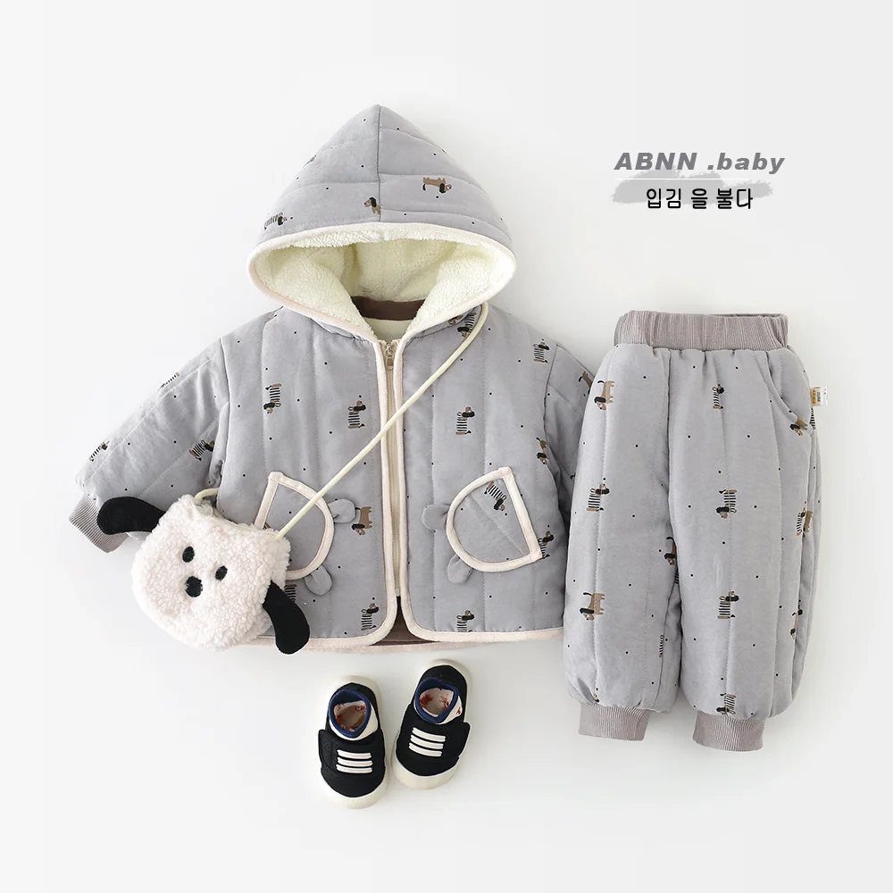 Boys Cute Cartoon Hooded Fleece Coat + Pants 2pcs Suit Plus Velvet Thick Infant Outfits 2025 Winter New Baby Warm Clothes Set