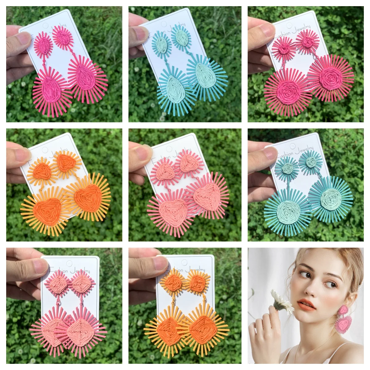 Unique Pink Heart Raffia Earrings Cute Dangle Bohemian Ratten Earrings Statement Handmade Knitting Summer Love Jewelry for Women image 6