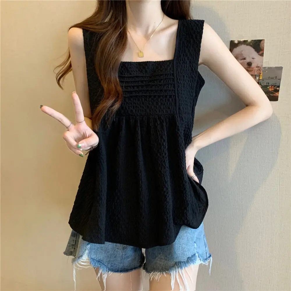 Large Size Wide Edge Sleeveless Halter Vest Women Summer Lean Pleated Ruffled Bottom Tank Top