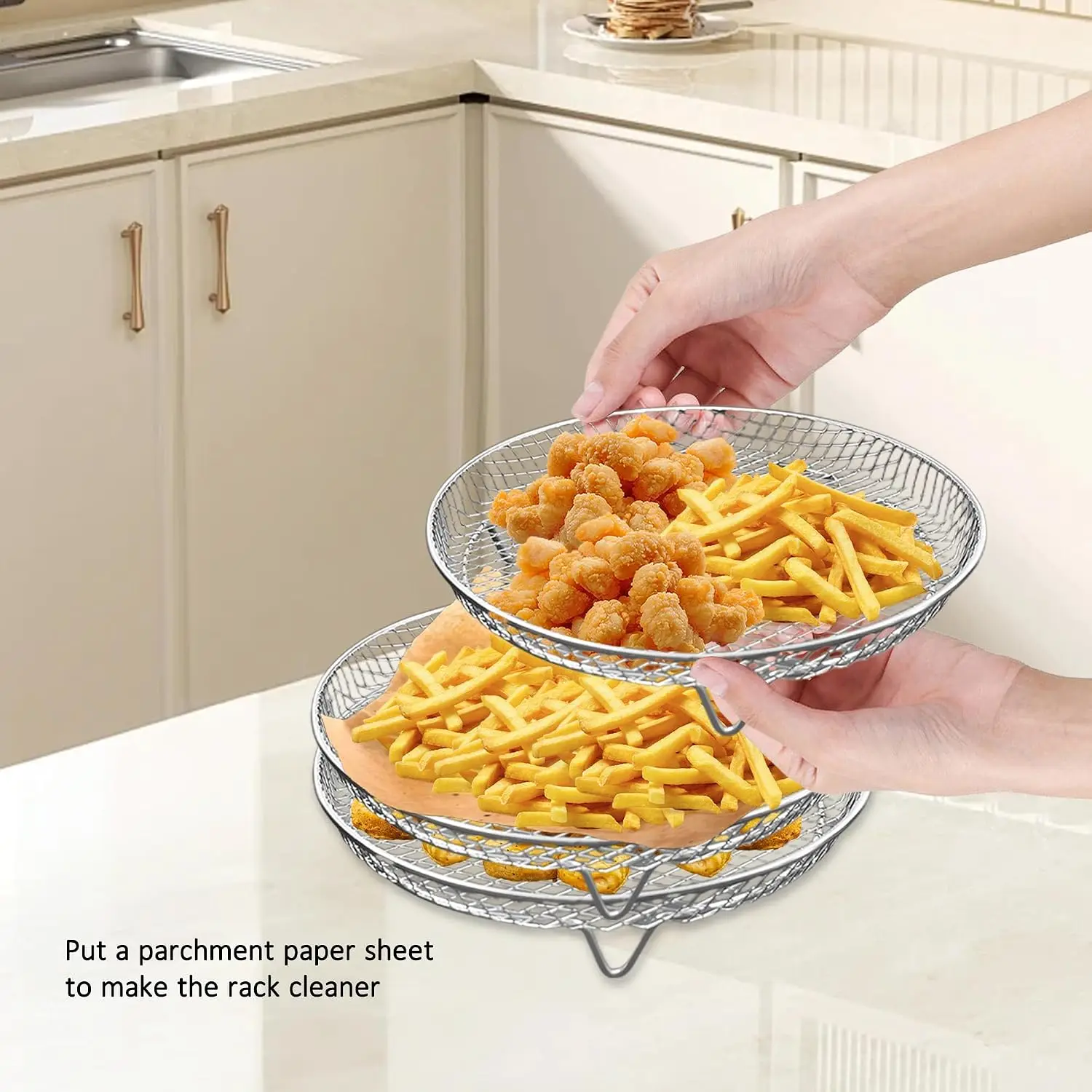 3Pcs Stainless Steel Kitchen Drain Oil Rack Fried Chicken Mesh Basket Multifunctional Air Fryer Grill Steaming Rack Oven Baking
