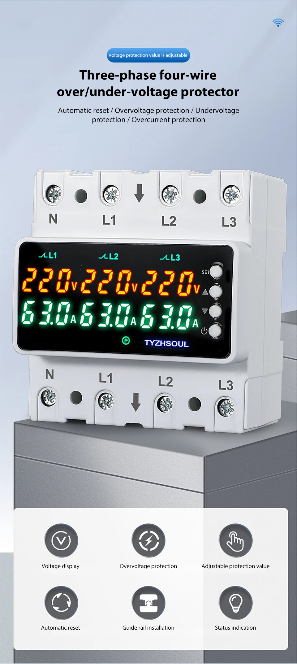3 Phasen 63 A/100 A DIN-Schiene Voltmeter Amperemeter Einstellbare Über- und Unterspannung Strombegrenzung Schutz Monitor Relais Schutz – Detail 1