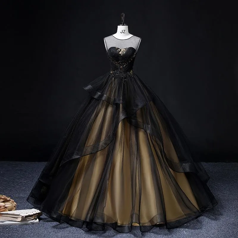 

New Women's Summer Retro Black Embroidered Banquet Evening Dress Fashion Stage Performance Vocal Art Exam Big Pendant Puff Skirt