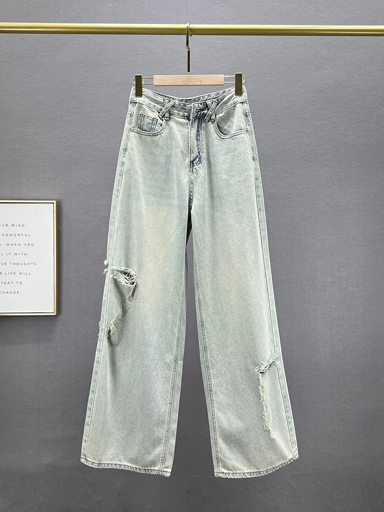 

Женские джинсы с высокой талией и широкими штанинами, удлиненные, весенние, модные, стройнящие, в пол, из потертого денима