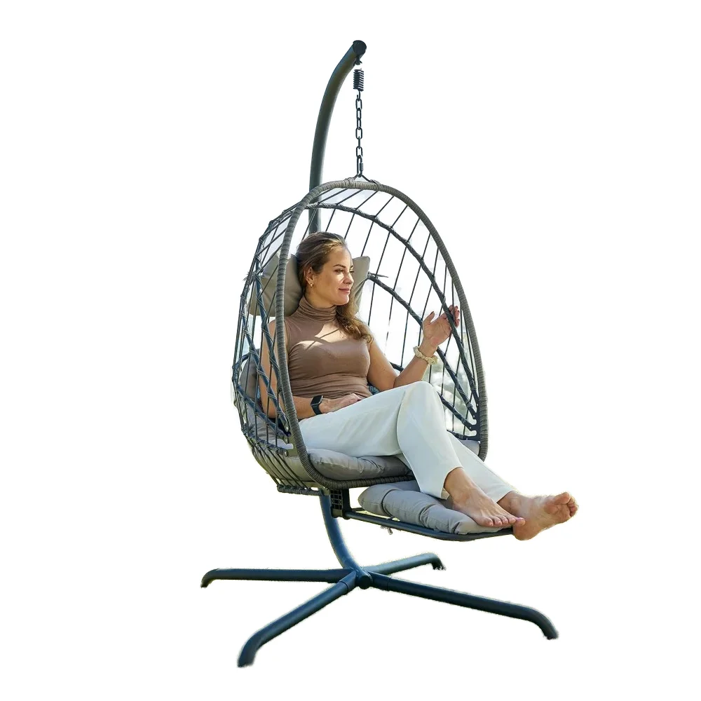 

Hanging Egg Chair with Stand Leg Rest Rattan Wicker Swing Hammock Chair UV-Resistant Cushion Heavy-Duty Metal Frame Outdoor Gym