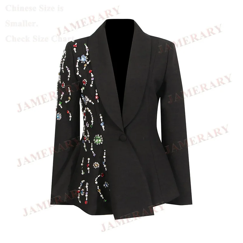 Autunno Inverno Blazer nero formale di lusso Cappotto da donna con diamanti Blazer moda elegante Office Lady