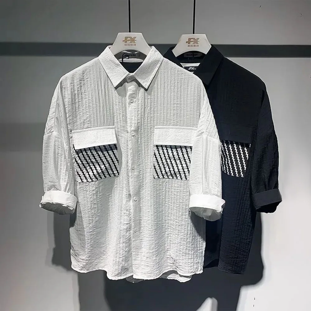 Y2K Mens Shirt Patchwork Striped Pocket Short Sleeved Shirt Summer Casual Tassel Sequin Fashion Japanese Top Men's Clothing 2024