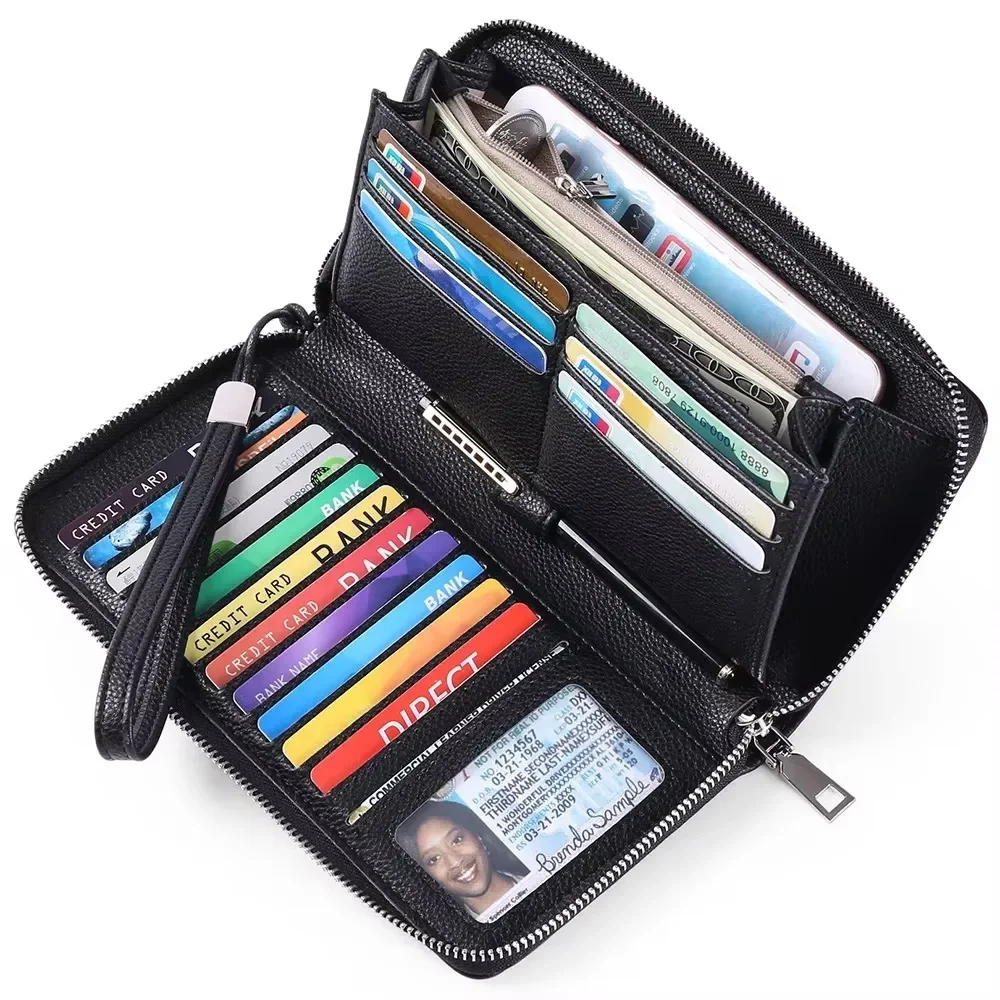 RFID Blocking Leather Wallet Unisex Business Zipper Organizer Long Slim Card Holder Travel Purse Accessories Premium Gift Idea