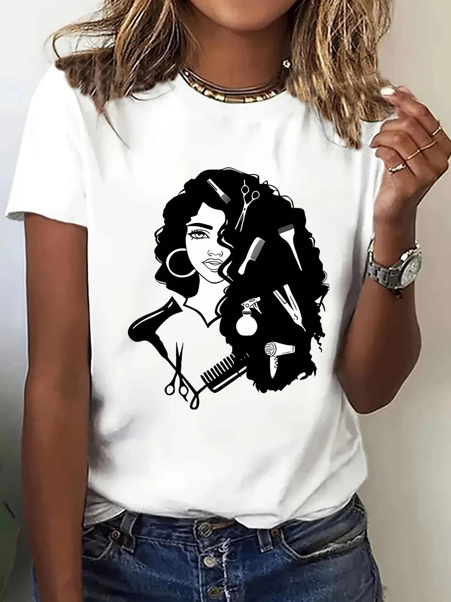 

Women's Barber Graphic T-Shirt Hairdressing Tools Print with Scissors Combs Hair Dryer Design Round Neck Short Sleeve Casual Top