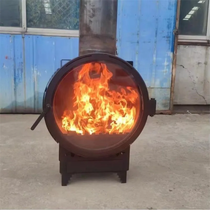 Modern wall-mounted wood-burning stove with indoor central hanging circular stove