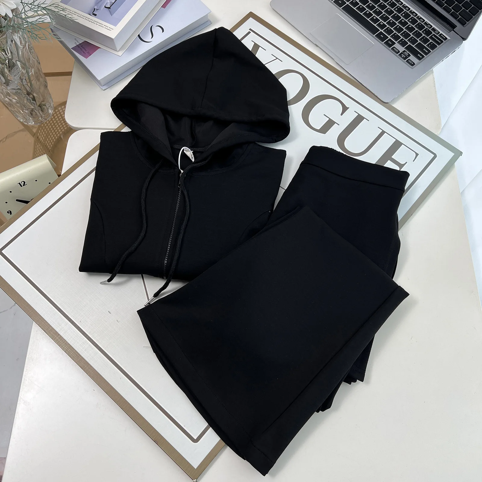 XXXXL Mode Plus Size Damessets Casual Herfst Capuchon Rits Top En Uitlopende Lange Broek Tweedelige Set