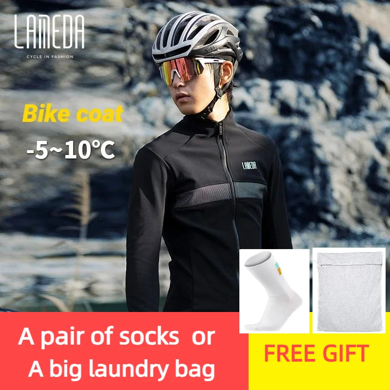 LAMBDA Jersey Men Winter Warm Bike Clothes Fleece Long Sleeve Windproof Cycling Jacket with Pockets Black Cycling Coat