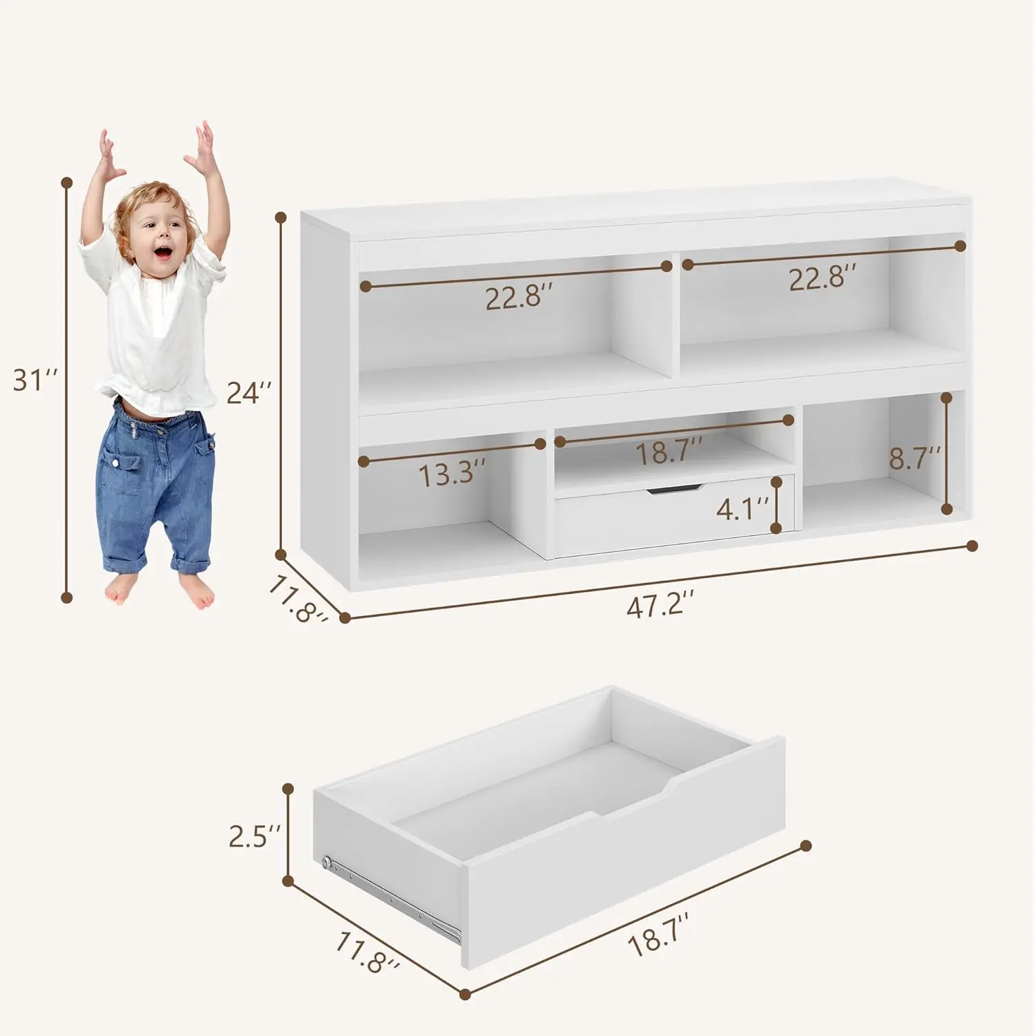 2-Tier Bookshelf and Toy Storage Organizer  Book Shelf with 5 Cubbies and 1 Drawer, Bookcase  Storage Cabinet for Playing Rooms