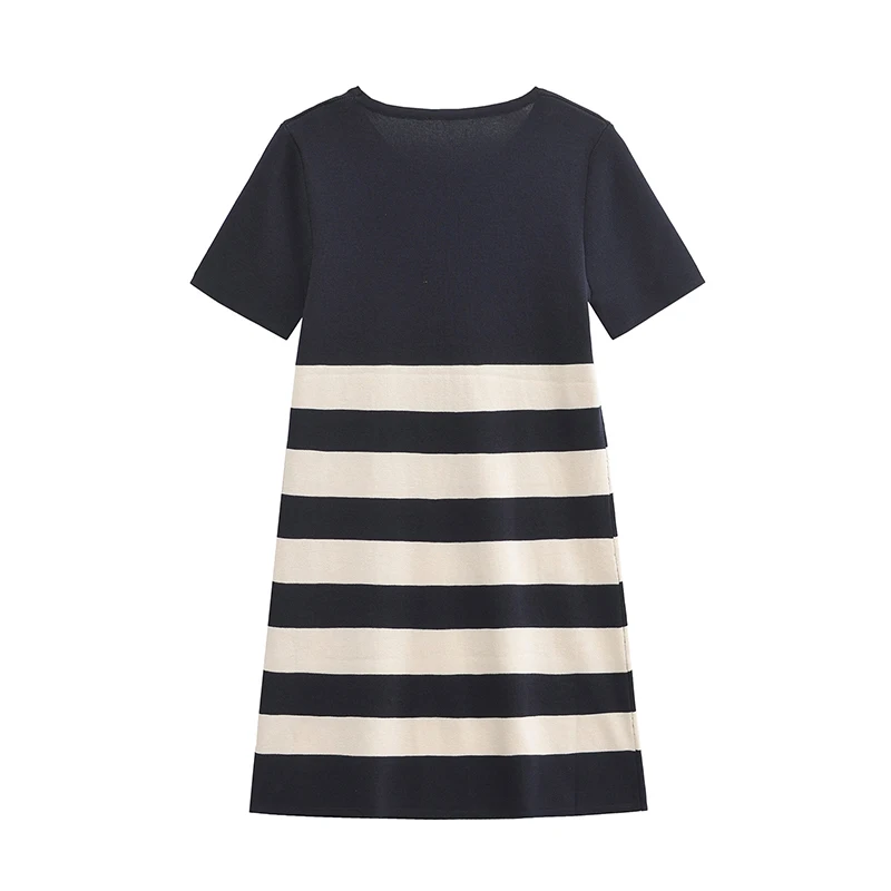 YENKYE Autumn Women Contrasting Striped Knit Dress Short Sleeve Round Neck Female Casual Dresses Mini Vestidos