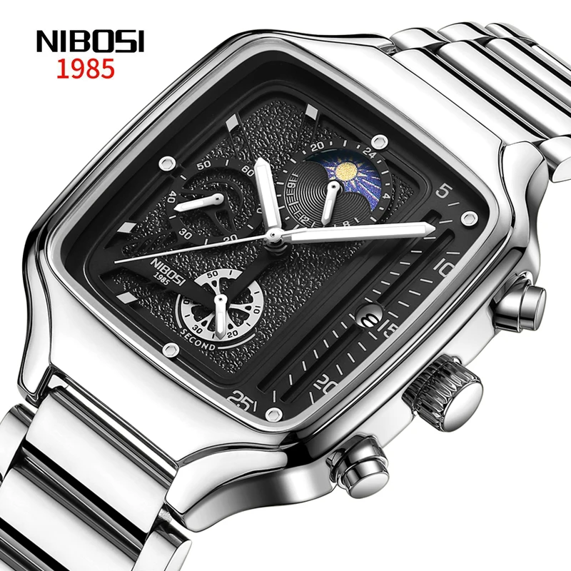 NIBOSI-reloj analógico de acero inoxidable para hombre, accesorio de pulsera de cuarzo resistente al agua con cronógrafo cuadrado, complemento Masculino con diseño moderno de fase lunar y fecha