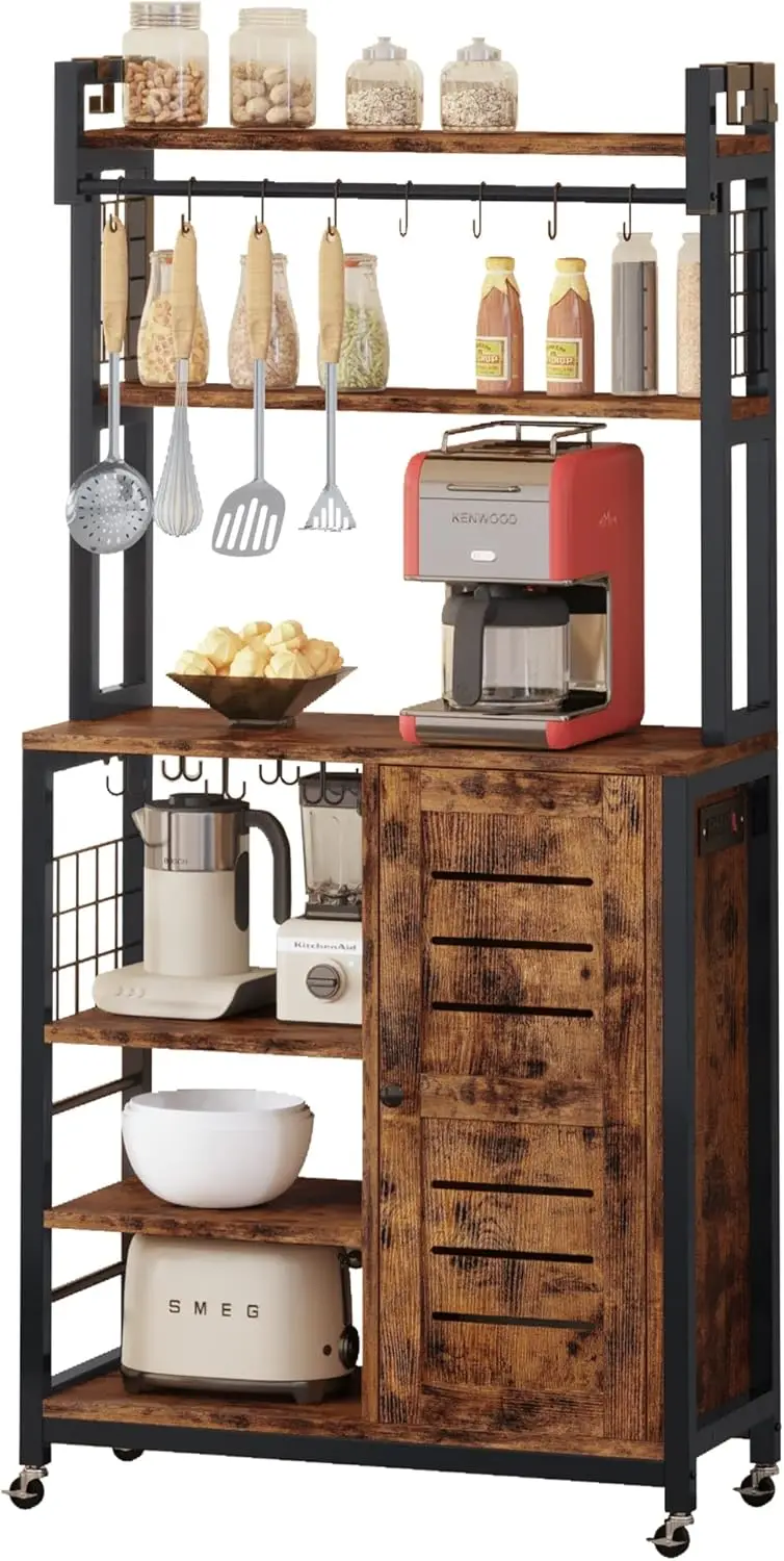 

Microwave Stand with Power Outlets, Kitchen Storage with Wheels and Feet, Coffee Station with Cabinets and 10 S-Hooks