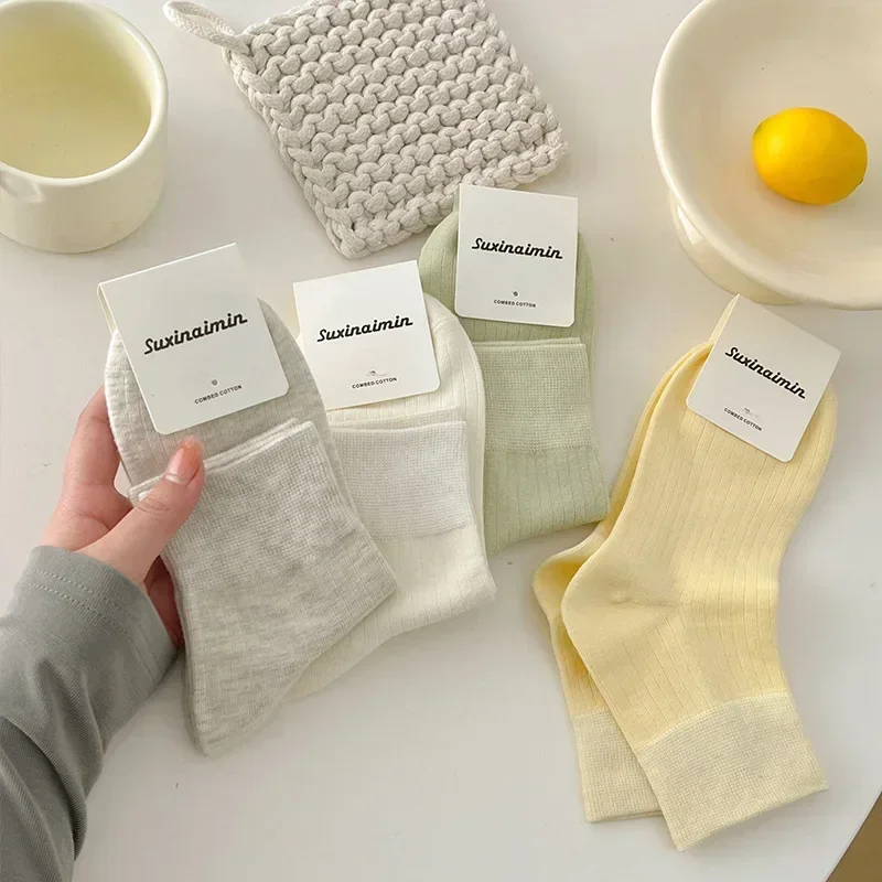 suxinaimin socks for women in spring and summer Japanese vertical striped socks cream low-top cotton socks ins trendy socks