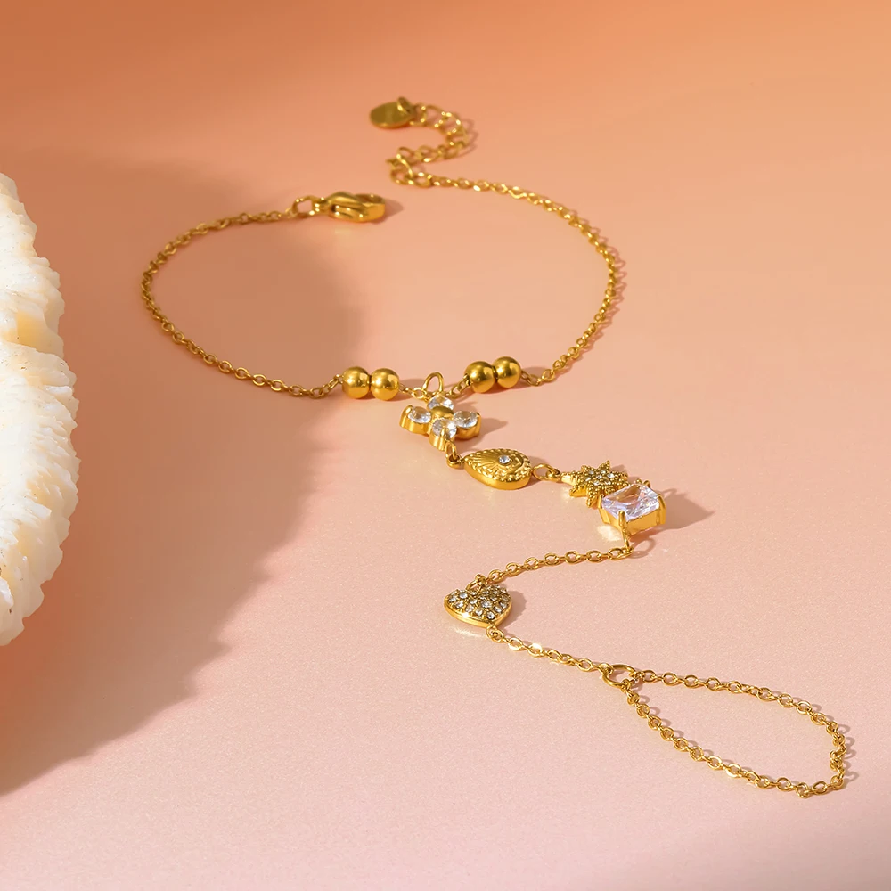 INS Heart Star Hand Harness 18K Gold Plated Cubic Zirconia Pavé Chain Connected Stainless Steel Jewelry for Women Luxury Gift