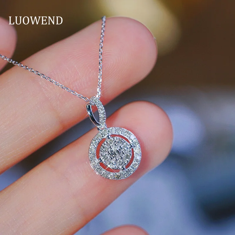 LUOWEND 18K White Gold Necklace Elegant Shiny Style 0.35carat Real Natural Diamond Pendant Necklace for Women High Party Jewelry