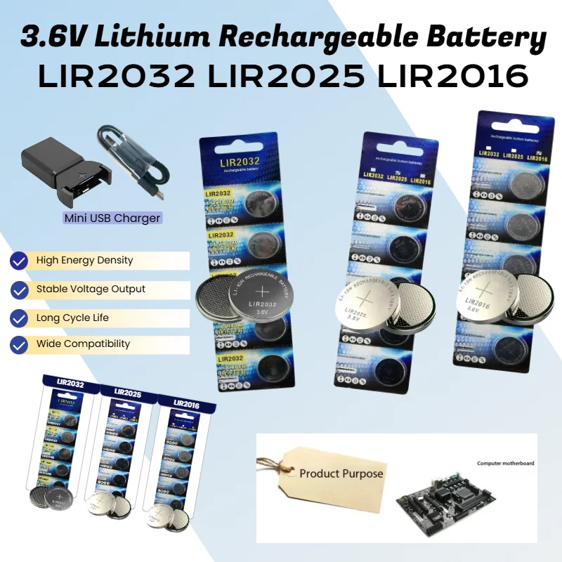 

LIR2032 LIR2016 LIR2025 3.6V Rechargeable Button Battery CR2032 CR2025 CR2016 Coin Cell for Computer Watch Calculator Toys