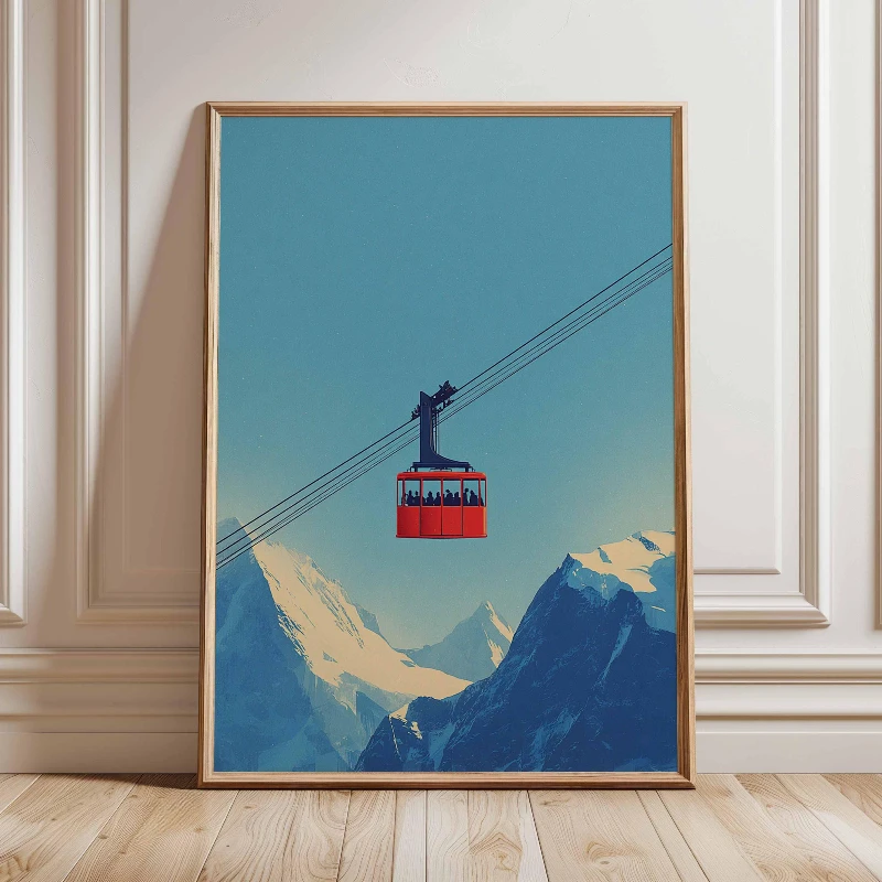 [2D Flat] 1pc 2D Flat Red Ski Lift Art Print Minimalist Graphic Ski Poster Unframed Canvas Print Travel Wall Art for Various