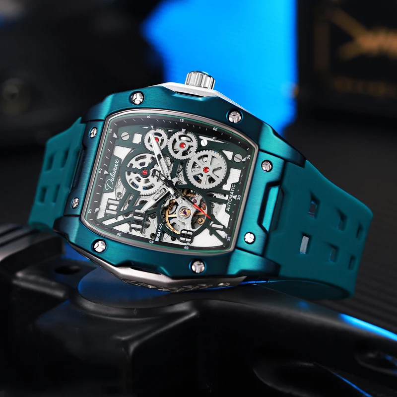 Dulunwe Classic Waterproof Luminous Mechanical Men's Watches Skeleton Automatic Men Watch Red Silicone Strap