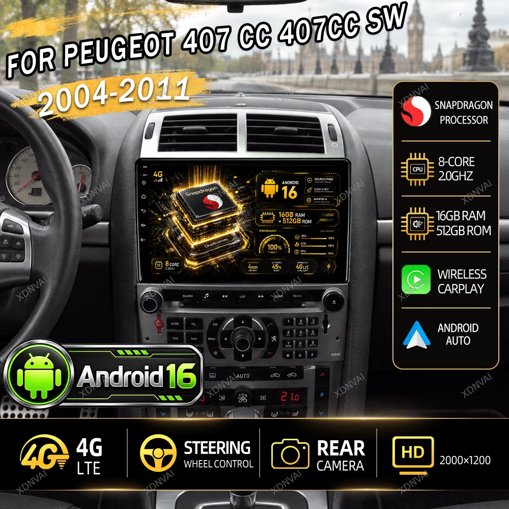Android 16 Multimedia For Peugeot 407 CC 407CC SW 2004-2011 Car Radio Video Player Carplay DSP 4G LTE Head Unit Navigation RDS