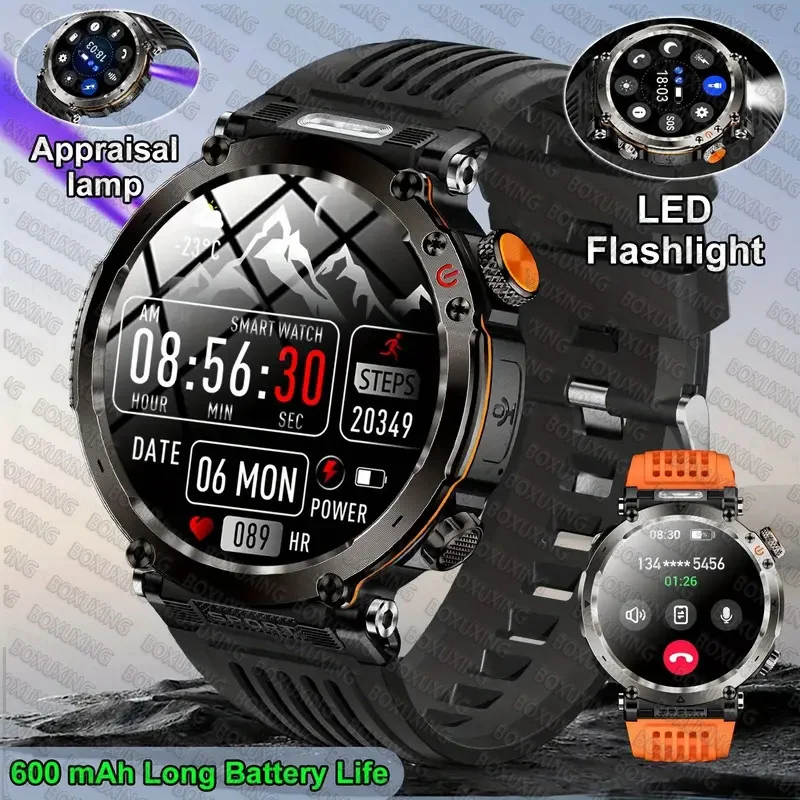 

Военные уличные умные часы для мужчин, аккумулятор 600 мАч, портативный фонарик, часы 3ATM, водонепроницаемые умные часы для звонков для Huawei Xiaomi