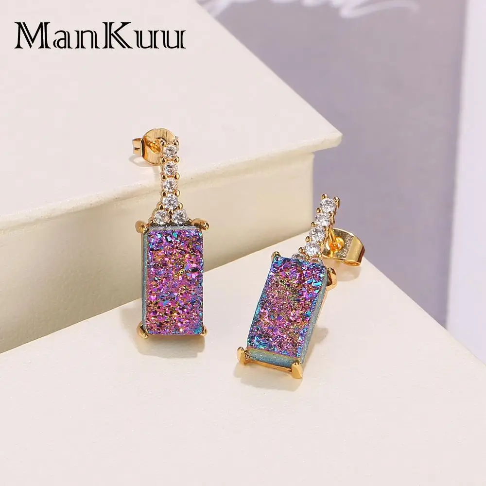 Mankuu Natural Druzy Crystal Rectangle Back Components Match Gold-Plated Copper,Accessory Combination Fashion Jewelry Earrings