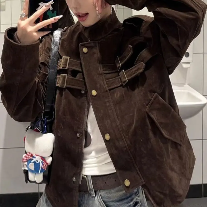 เสื้อแจ็คเก็ตวินเทจลายปะติดแฟชั่น สำหรับฤดูใบไม้ร่วงและฤดูหนาว คอตั้ง เสื้อผ้าผู้หญิง สีพื้น ทรงหลวม กระดุมแถวเดียว เสื้อโค้ทสั้น