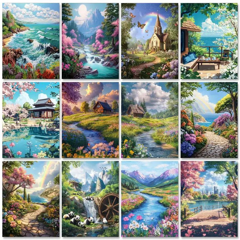

PhotoCustom 5D Diamond Painting Village Full Diamond Mosaic Scenery Mountain Picture Of Rhinestone Embroidery Kits Handmade Gift