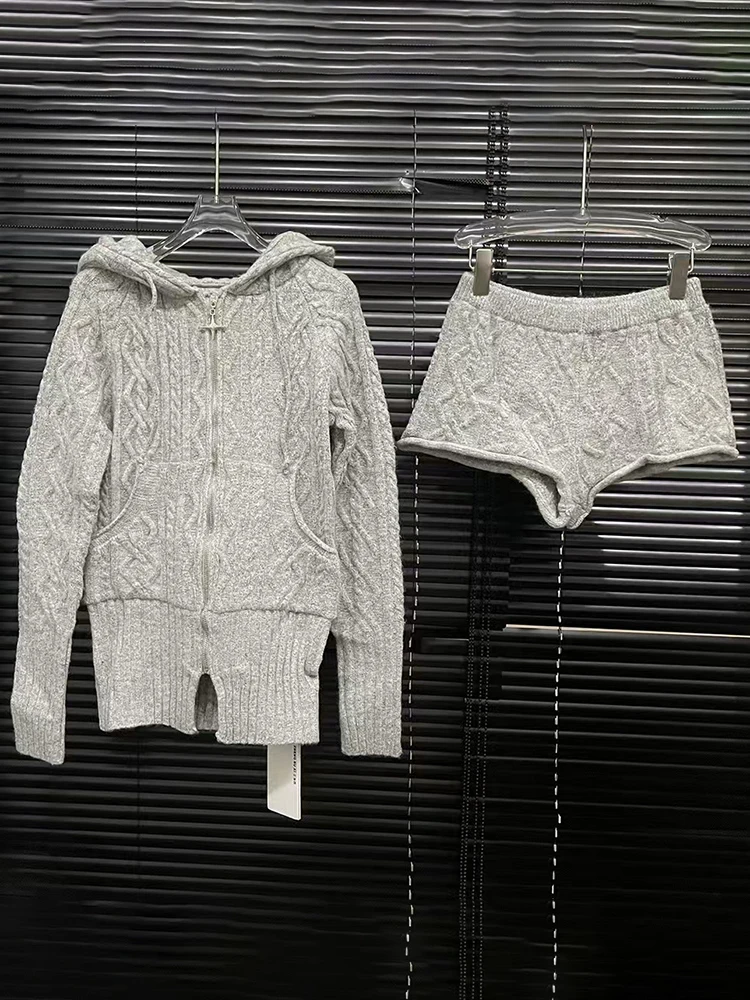 VGH Causal Two Piece Set For Women Hooded Spliced Zipper Sweater Knitted High Waist Shorts Solid Knitted Suit Female 2024 Winter