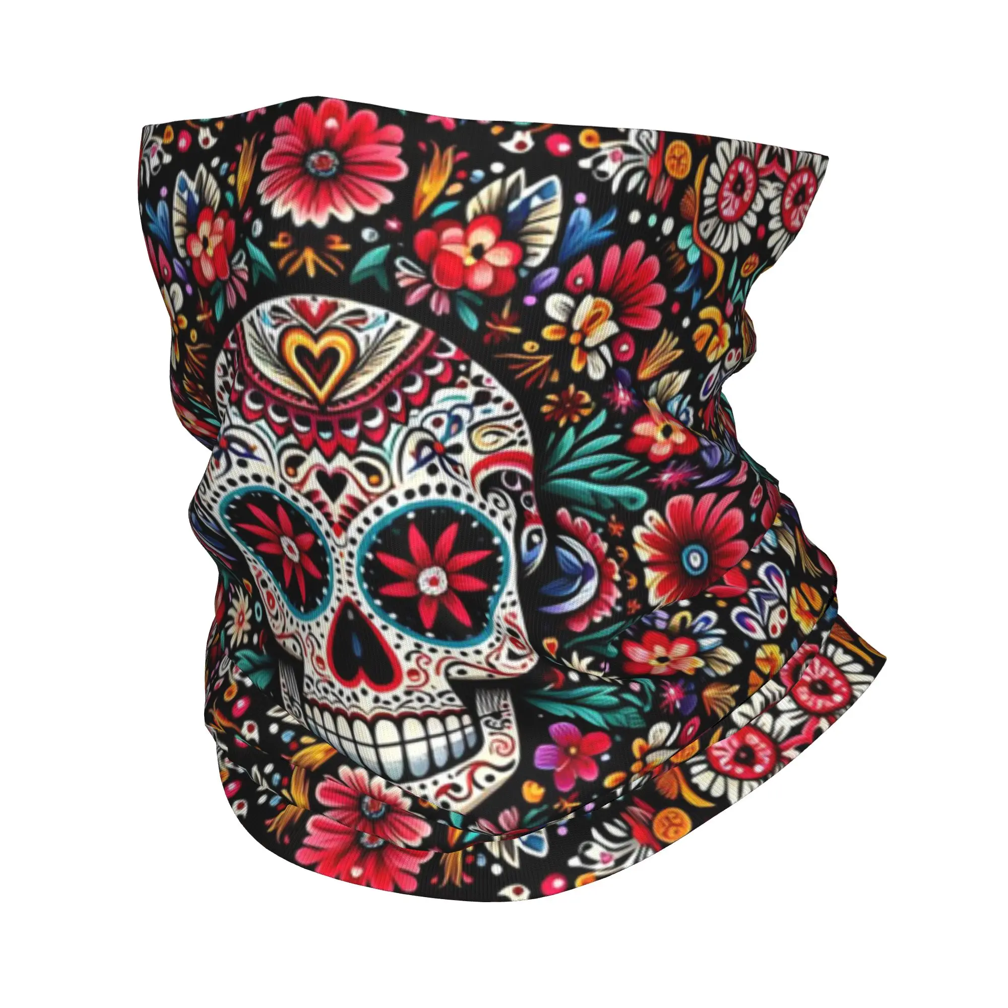 Mexican Sugar Skulls And Flowers Bandana Neck Cover Printed Wrap Scarf Warm Headwear Hiking Fishing For Men Women Windproof