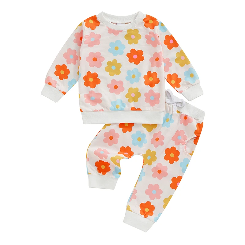 Adorable Toddler Girl Autumn Ensemble with Floral Print Crew Neck Sweater and Matching Pants for a Stylish Look