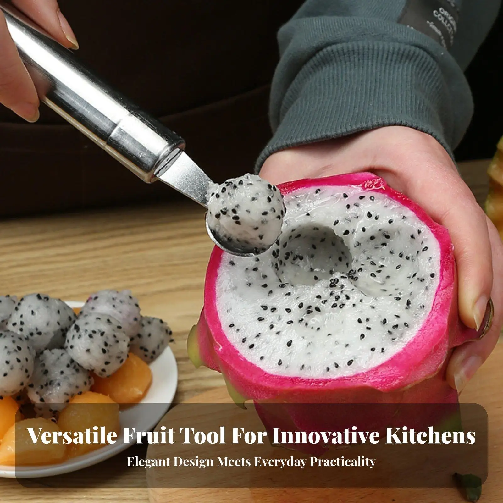 Professional Fruit Carving Scoop Double Head Design Stainless Steel Melon Baller Kitchen Utensil for Elegant Fruit Presentation