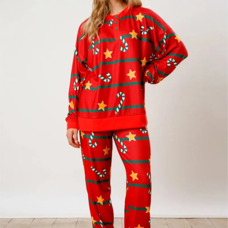 2025 Christmas Home Pajamas Two-piece Set Fashionable Printed Long-sleeved Loose Top Paired With Casual Trousers Comfortable Set