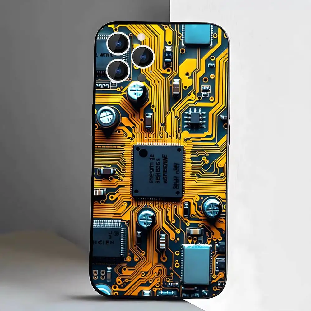 Circuit Board Phone Case For iPhone 17,16,15,14,13,12,11,Pro,XS,Max,XR,Plus,E,SE4,Mini Black Soft Cover