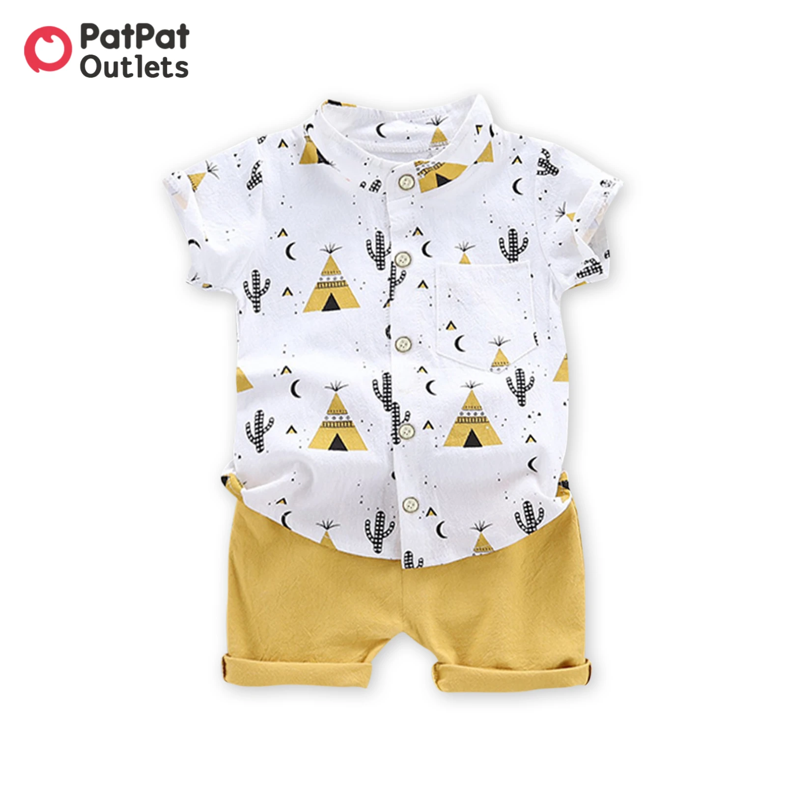 PatPat 2pcs Toddler Baby Boy Clothes 1-6 Years Old Casual Pyramid Cactus Print Shirt and Summer Shorts Set