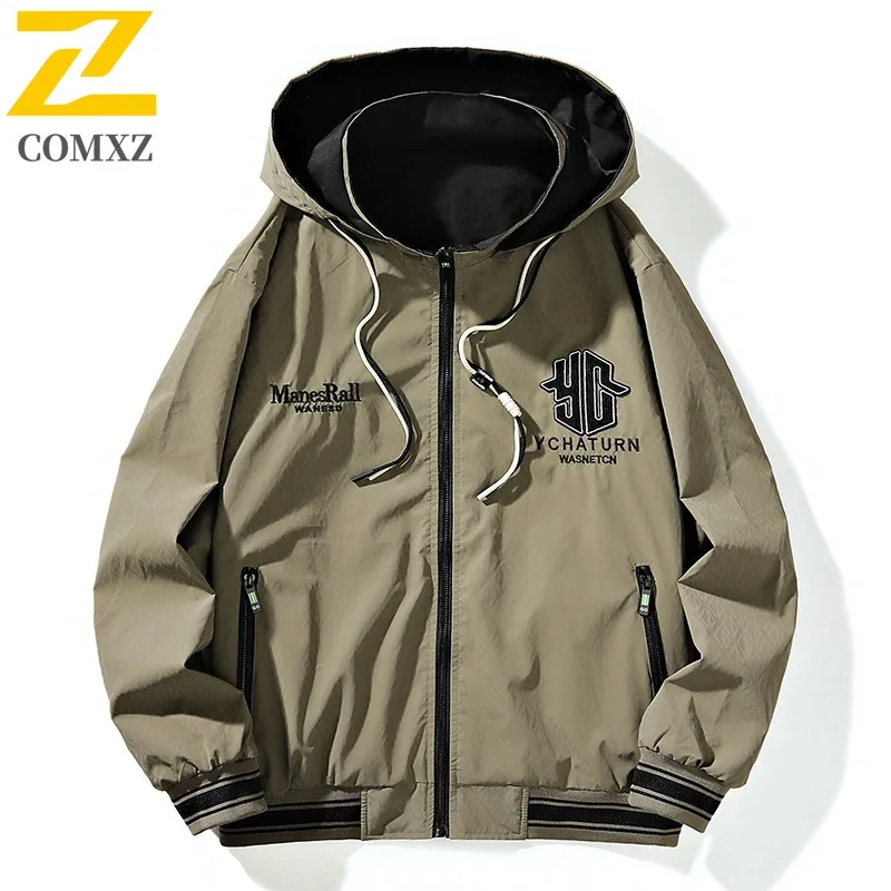 

COMXZ Premium Men Jacket Detachable Hood Camping Lightweight Coat Fake Two Items Multifunctional Spring Autumn Windbreaker