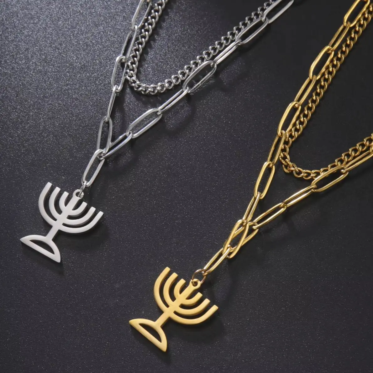 LIKGREAT Hanukkah Menorah Candles Jewish Jewelery Religious Double Layer Necklace Israel Faith Lamp Pendant Hebrew Amulet Gift