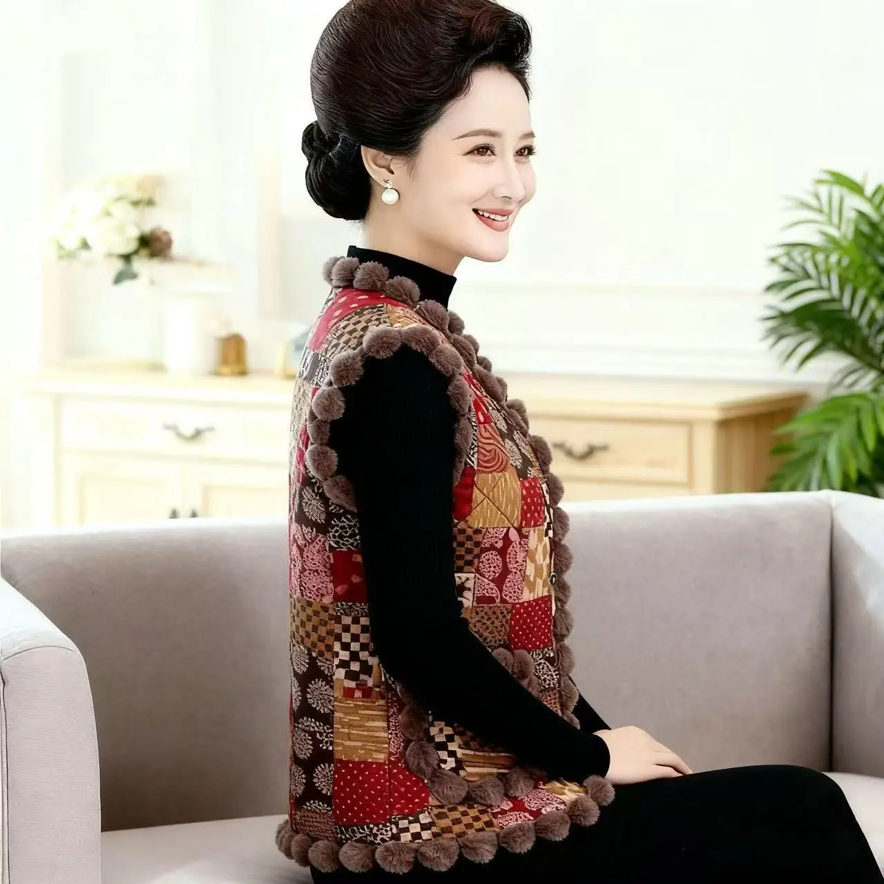 جديد النمط الصيني سترة القمم المرأة الخريف الشتاء معطف بلا أكمام الأمهات في منتصف العمر خمر موضة رشاقته المخملية سترة الإناث #4